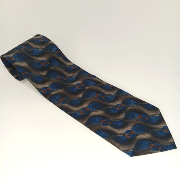 OSCAR DE LA RENTA Men’s Blue Brown Geometric Silk Tie Designer Classic Retro - Picture 1 of 7